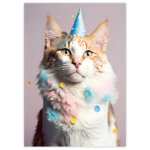 Party cat verjaardagskaart  Vier een verjaardag op een speelse en schattige manier met deze unieke kat postkaart. De postkaart met schattige party kat met feesthoedje, omringd door kleurrijke confetti tovert een glimlach op het gezicht van elke kattenliefhebber. ✔ Hoogwaardige print: Heldere kleuren en gedetailleerde illustratie. ✔ Veelzijdig: Geschikt voor zowel volwassenen als kinderen. ✔ Ruimte voor persoonlijke boodschap: Aan de binnenkant genoeg ruimte om je eigen wensen toe te voegen. Of je nu een cadeau wil aanvullen of een losse verjaardagswens wilt sturen, deze kaart maakt elk feestje compleet. Bestel vandaag nog en geef een vrolijke touch aan de verjaardag van je dierbaren.